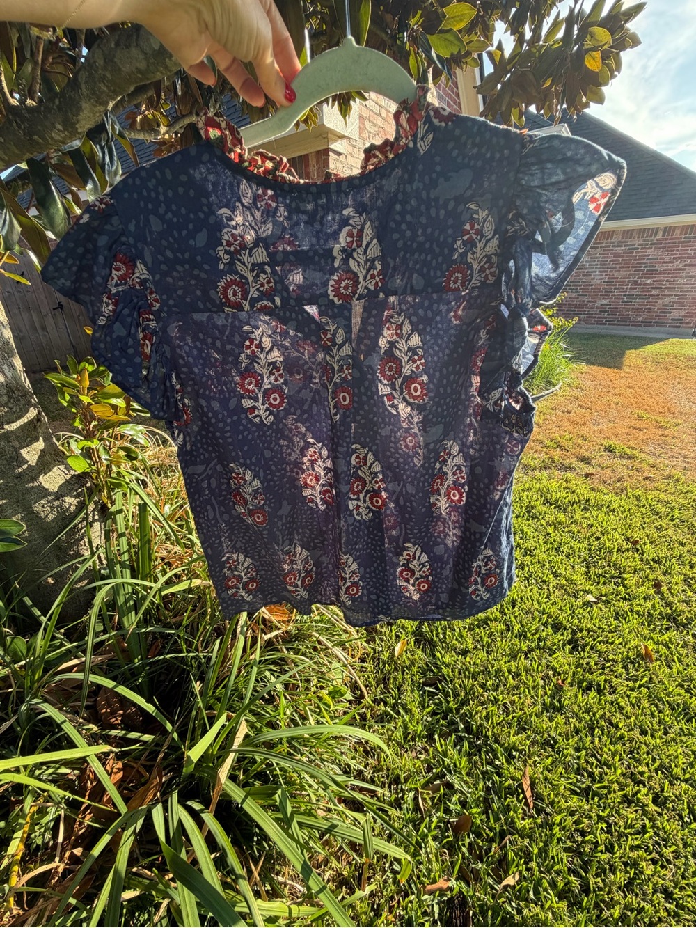 THML Blue Floral 100% Cotton Boho Ruffle Sleeve Blouse Top M - Picture 11 of 16